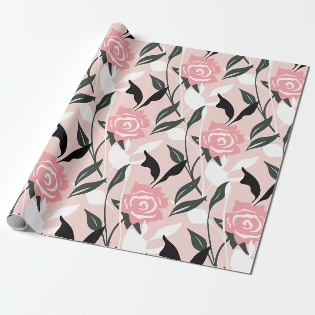 Rosa ros-mönster presentpapper (Utrullad)