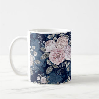 Rosa ros Mörk blått: Vintage Kaffemugg
