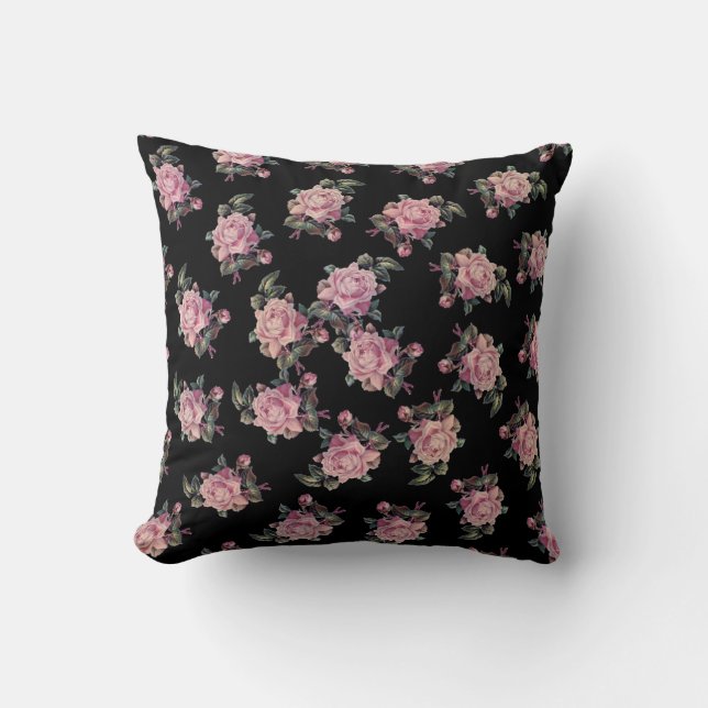 Rosa ros Mörk Blommönster Shabby chic Kudde (Framsida)