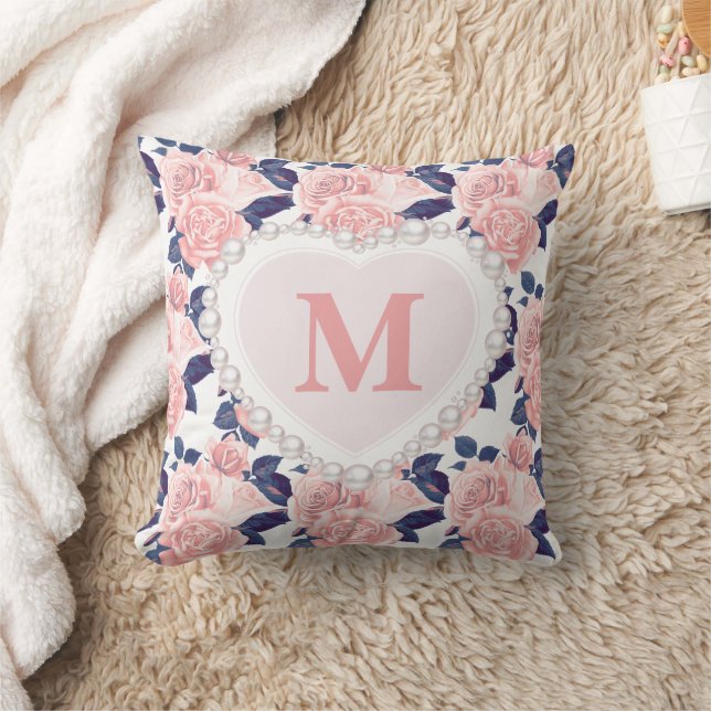 Rosa ros Navy Blue Blommigt Pearl Heart Monogram Kudde (Filt)