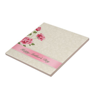 Rosa ros och Beige Damaskus-Lycklig Mor-dagen Kakelplatta