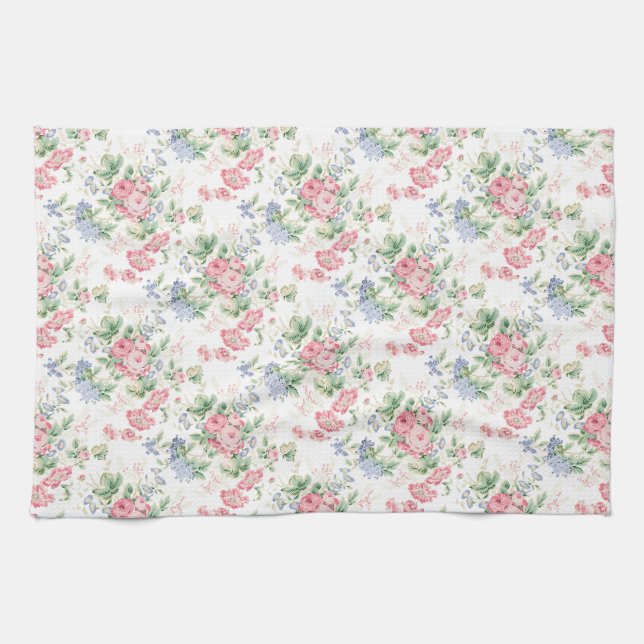 Rosa ros och blå blomstergintz kökshandduk (Horisontell)