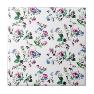 Rosa ros och Blåa blommor Blommigt Design Kakelplatta