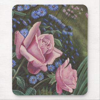 Rosa ros och blåa blommor Mousepad Musmatta