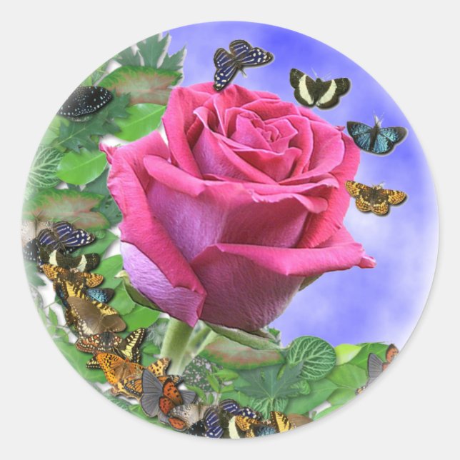 Rosa ros och Butterflies Runt Klistermärke (Framsida)