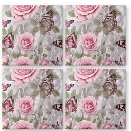 Rosa ros och Butterflies Watercolor Blommigt Kakelplatta