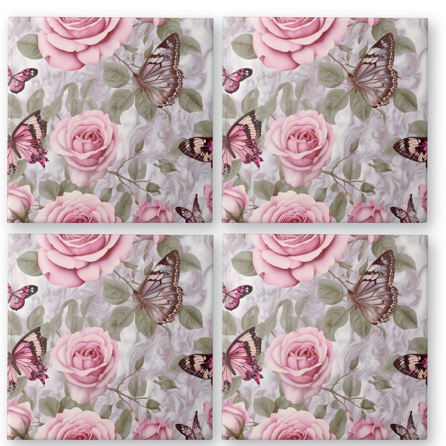Rosa ros och Butterflies Watercolor Blommigt Kakelplatta (Skapare uppladdad)