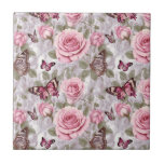 Rosa ros och Butterflies Watercolor Blommigt Kakelplatta<br><div class="desc">Ai Vattencolor stil illustrerar rosa ros och butterflies söt pastel blommigt Tiles.</div>