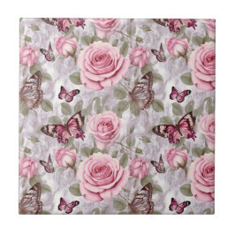 Rosa ros och Butterflies Watercolor Blommigt Kakelplatta