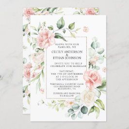 Rosa ros och Eukalyptus Ram Blommigt Bröllop Inbjudningar