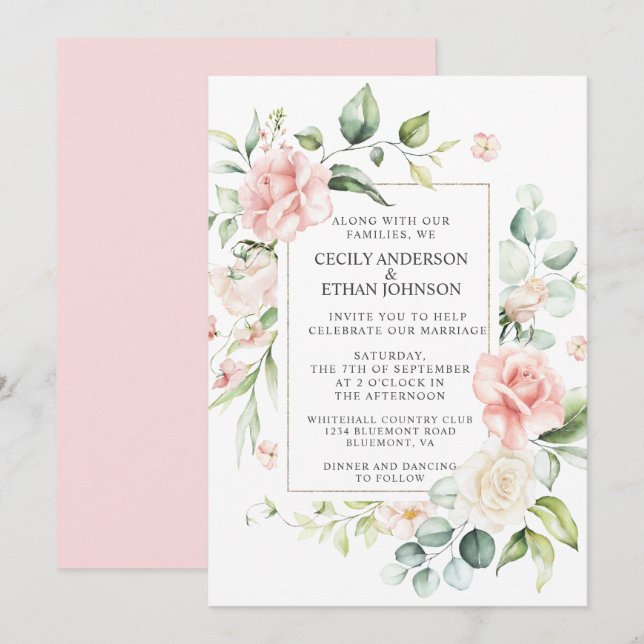 Rosa ros och Eukalyptus Ram Rosa  Bröllop Inbjudningar (Fram/baksida)