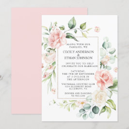 Rosa ros och Eukalyptus Ram Rosa  Bröllop Inbjudningar