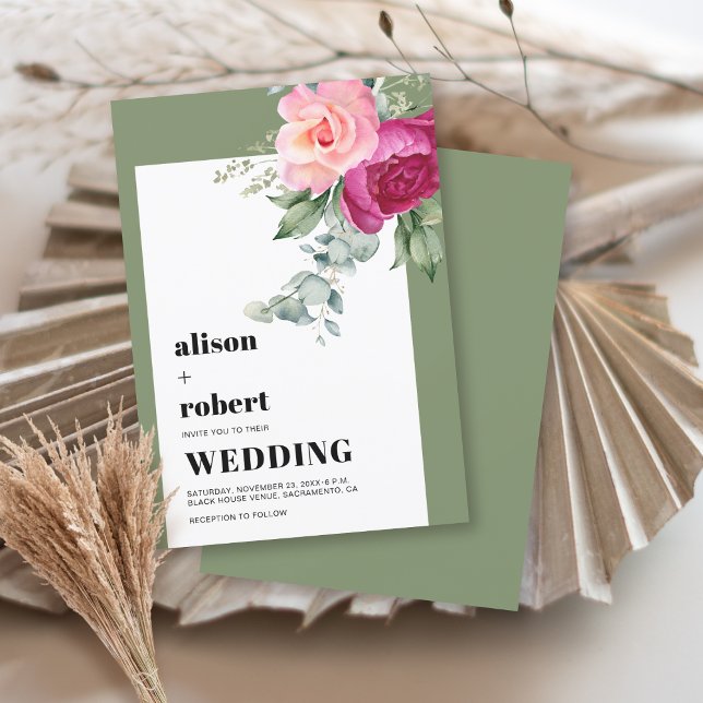Rosa ros och eukalyptus sage grönt bröllop inbjudningar (Skapare uppladdad)