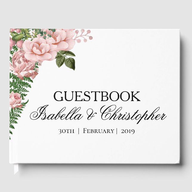 Rosa ros och Ferns Bröllop Guestbook Gästböcker (Framsida)