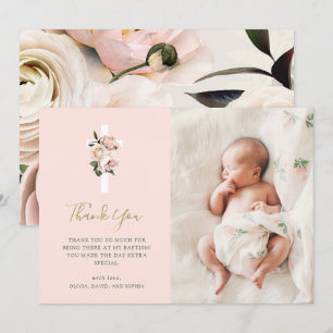 rosa ros och Ferns med Photo Guld Baptism Tack Kort