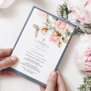 Rosa ros och gröna blad Dopinbjudan Inbjudningar