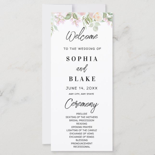 Rosa ros och Grönt Greenery Bröllopsprogram (Framsida)