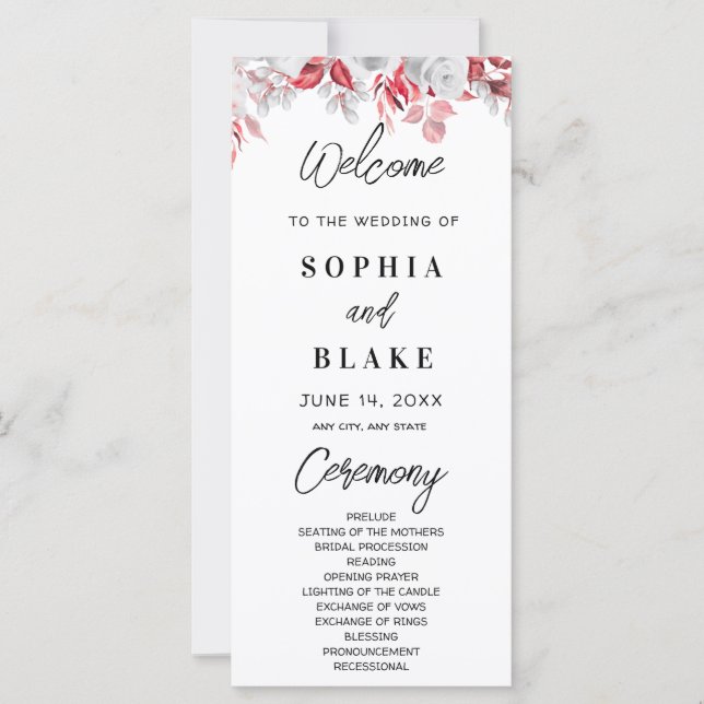 Rosa ros och Grönt Greenery Bröllopsprogram (Framsida)