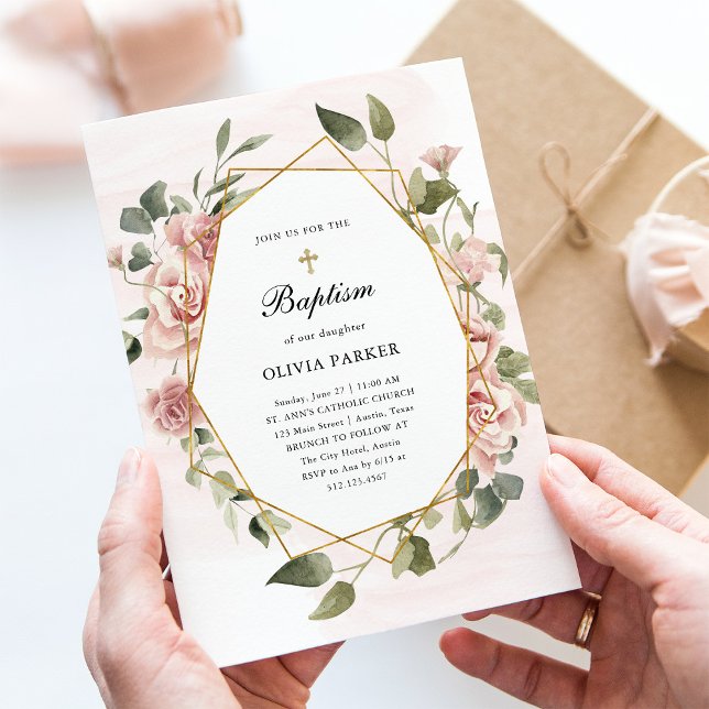  Rosa ros och Guld | Baptism Inbjudningar (Skapare uppladdad)
