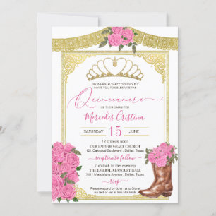Rosa ros och Guld Blommigt Boot Charro Quinceanera Inbjudningar