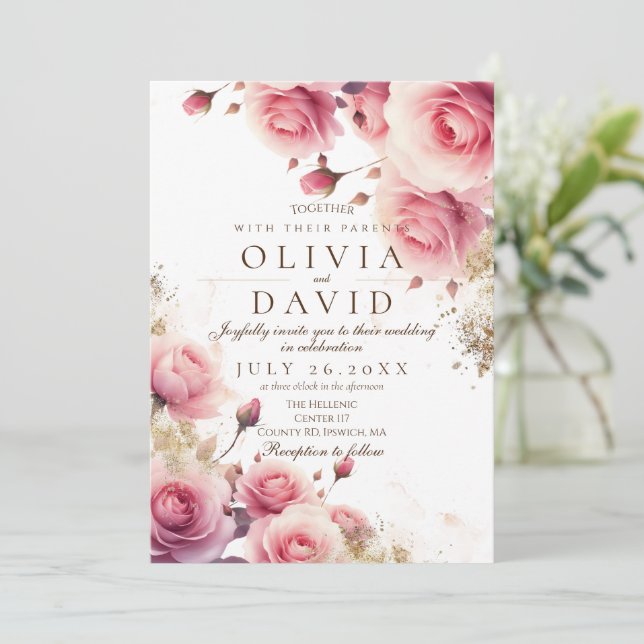  Rosa ros och Guld Elegant Flower Bröllop Inbjudningar (Stående Fram)