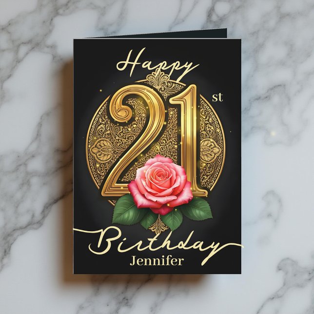Rosa ros och Guld filigree nummer 21: a födelsedag Kort (Skapare uppladdad)