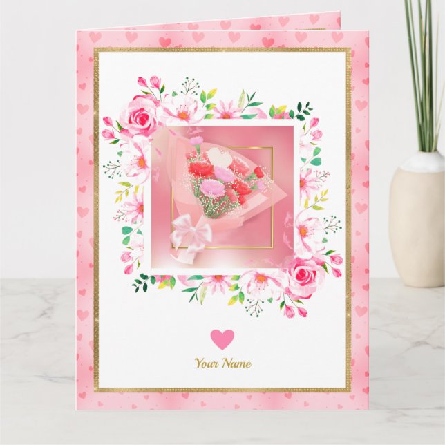Rosa ros och guldfärgade blomsterhjärtan semesterp kort (Framsida)