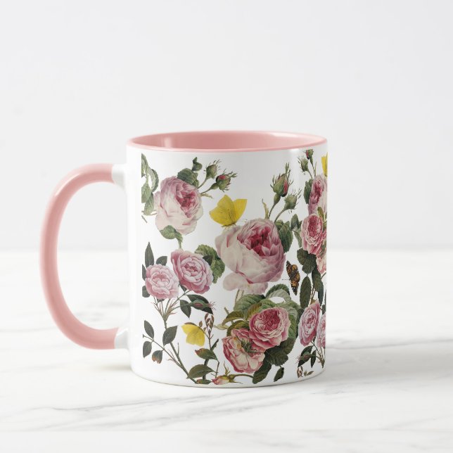 ROSA ROS OCH GULT BUTTERFLIES Vit Blommigt Mugg (Vänster)