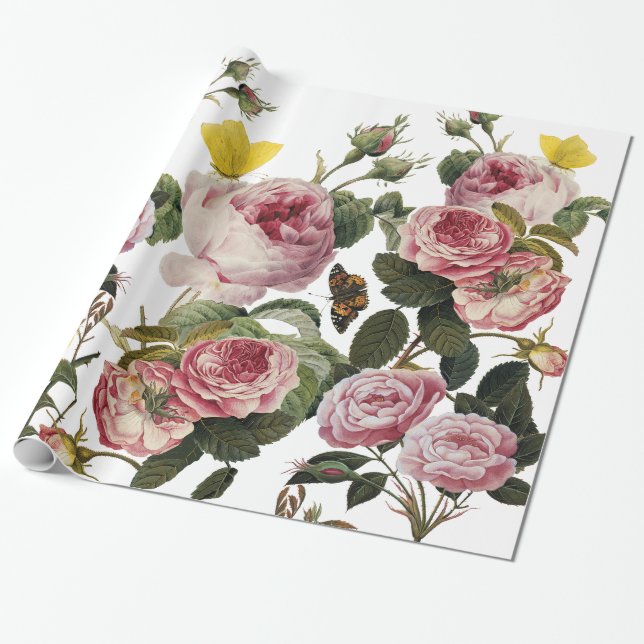 ROSA ROS OCH GULT BUTTERFLIES Vit Blommigt Presentpapper (Utrullad)