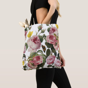 ROSA ROS OCH GULT BUTTERFLIES Vit Blommigt Tygkasse