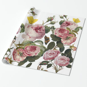 ROSA ROS OCH GULT BUTTERFLIK Vit Blommigt Presentpapper