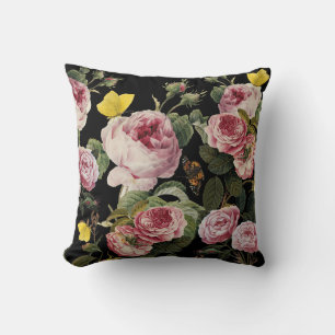 ROSA ROS OCH GULT, Svart Blommigt Kudde