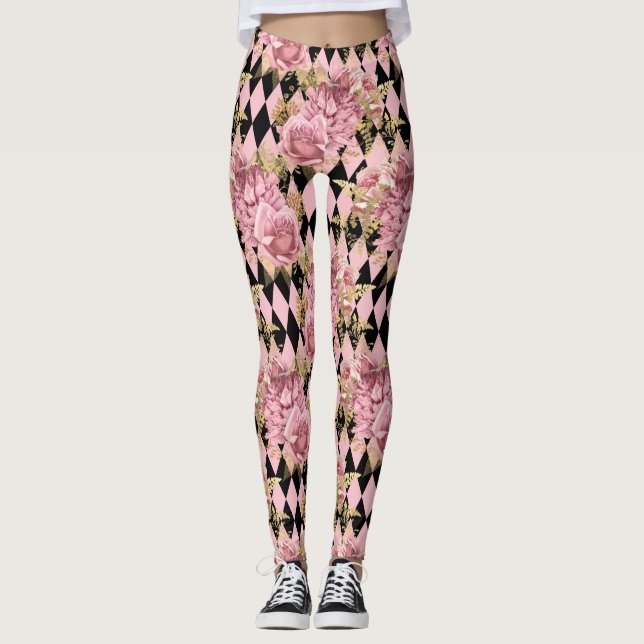 Rosa ros och Harlequin Leggings (Framsida)