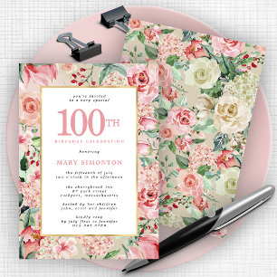 Rosa ros och hortensia Blommig 100-årsdag Inbjudningar