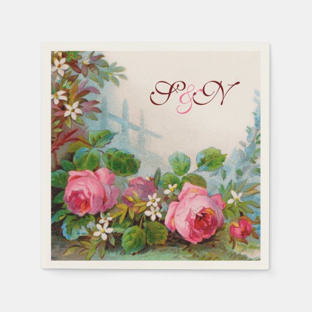ROSA ROS OCH JASMINES BLOMMIGT BRÖLLOP MONOGRAM PAPPERSSERVETT (Framsidan)