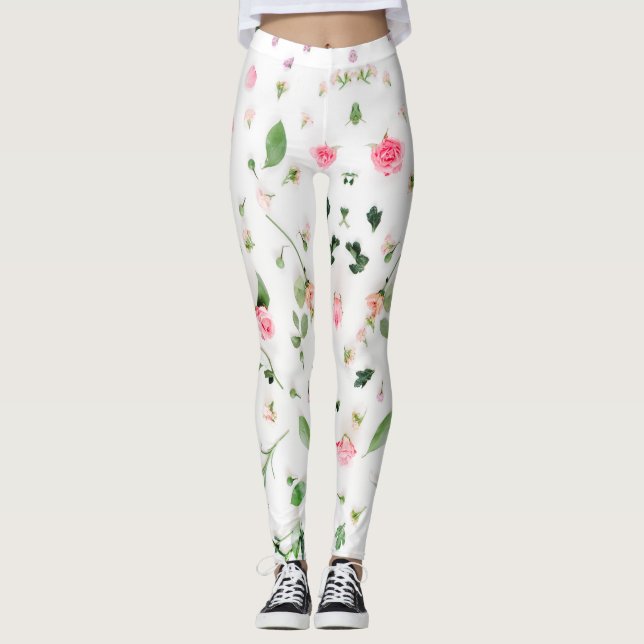 Rosa ros och löv på vit bakgrund leggings (Framsida)