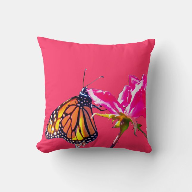 Rosa ros och Monarch Butterfly Pillow Kudde (Framsida)