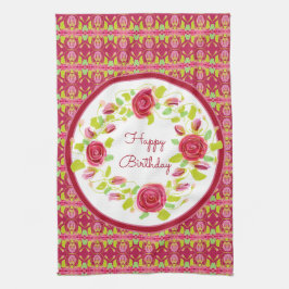 Rosa ros och mönstrad kökshandduk