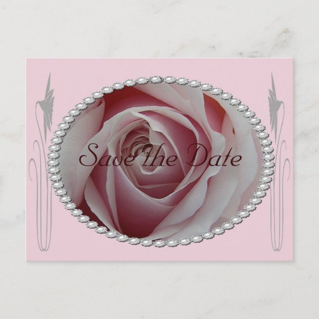 Rosa ros och Pearls Save Date Design Meddelande Vykort (Framsida)