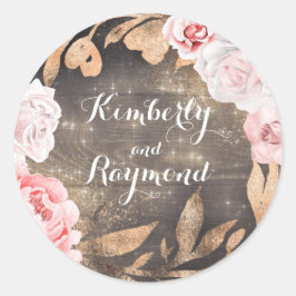  Rosa ros och Peonies Rustic Guld Glitter Runt Klistermärke