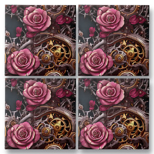 Rosa ros och Steampunk Metall Kakelplatta