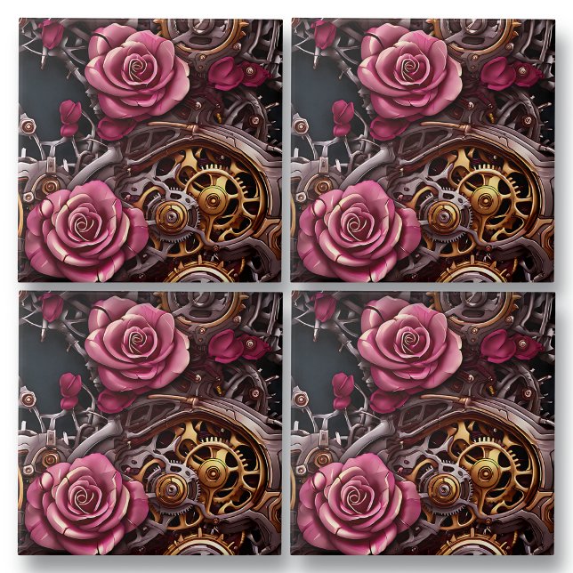 Rosa ros och Steampunk Metall Kakelplatta (Skapare uppladdad)