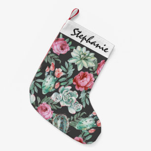 Rosa ros och suckulent kaktusmönster på svart liten julstrumpa