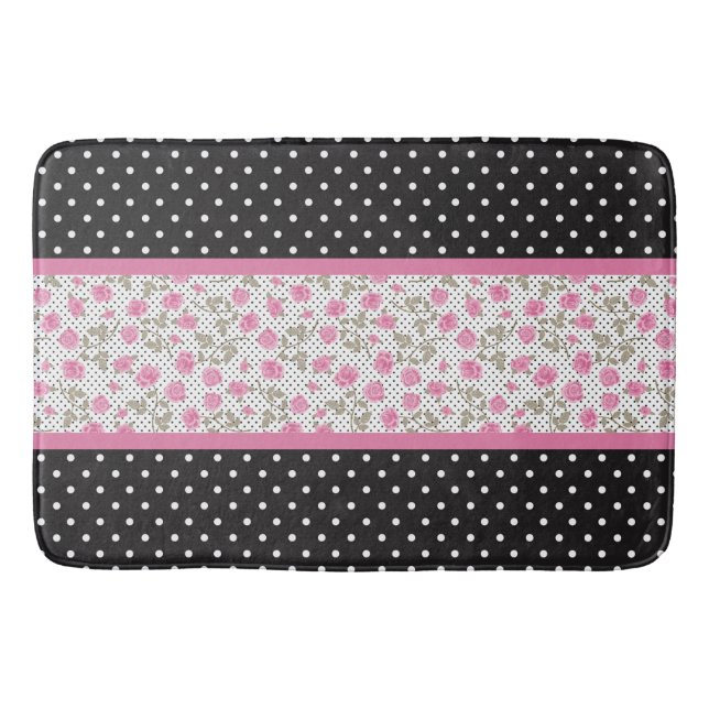 Rosa ros och svart och vitt Polka dots Badrumsmatta (Framsidan)