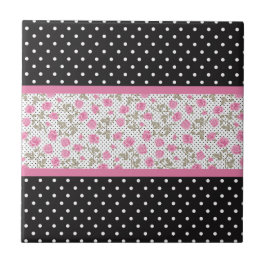 Rosa ros och Svartvit Polka dots Kakelplatta