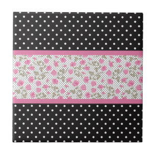 Rosa ros och Svartvit Polka dots Kakelplatta