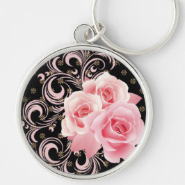 Rosa ros och Swirls Rund Silverfärgad Nyckelring