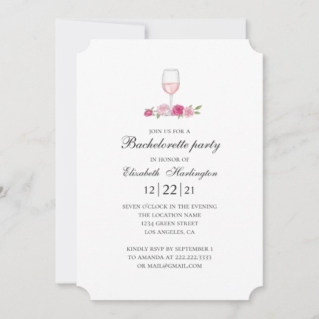 Rosa ros och vin. Blommigt Bachelorette-parti Inbjudningar (Framsida)