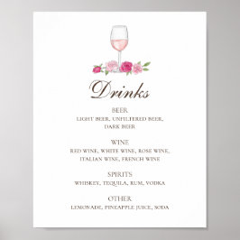 Rosa ros och vin. Blommigt bröllop dricker pub Poster