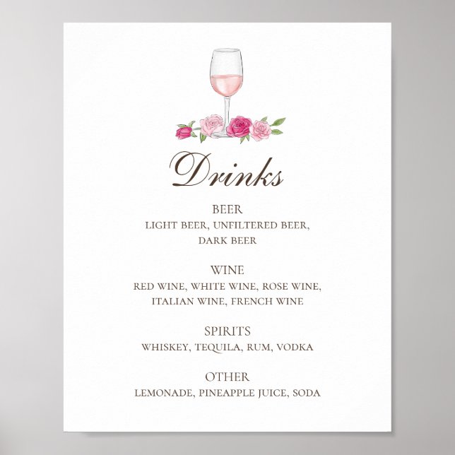 Rosa ros och vin. Blommigt bröllop dricker pub Poster (Framsidan)